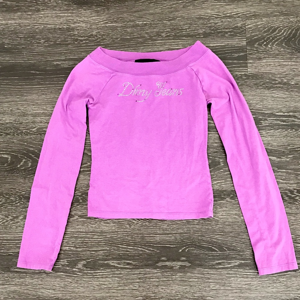 Long Sleeve Purple DKNY Bejewel Scoop Neck T-shirt
